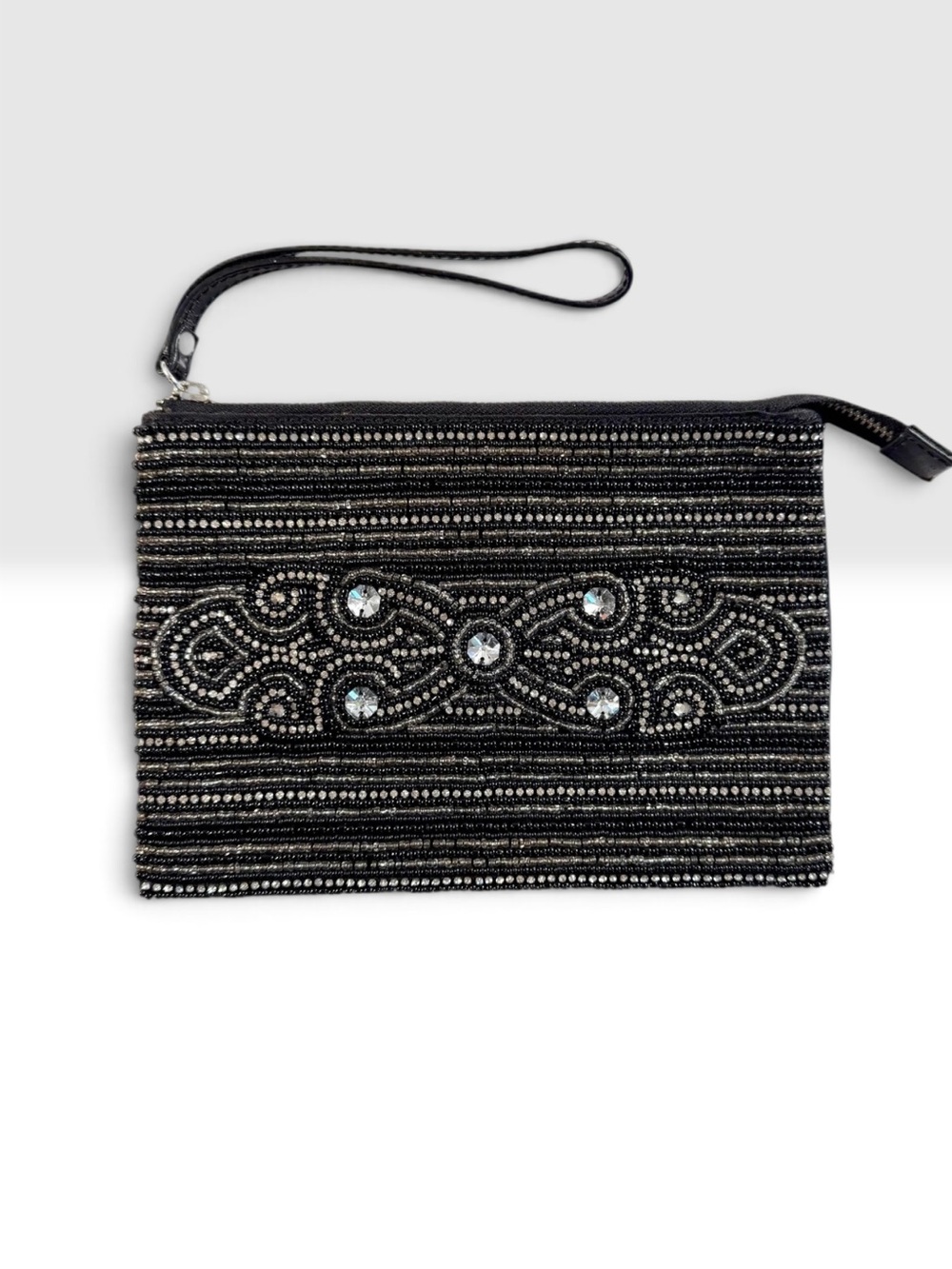 Black Beaded Wristlet Clutch with Crystal Embellishments